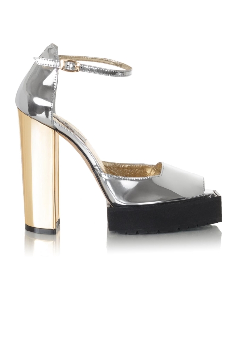 Босоножки "Альба" лак серебристые, каблук золотистый