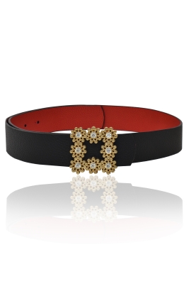 Ремень "пояс" черный (36мм), эко-кожа, пряжка со стразами (золото)