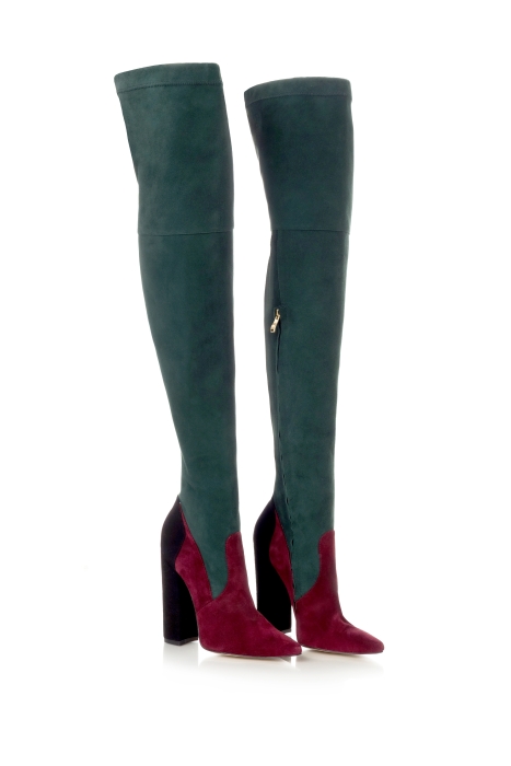 Ботфорты замша изумрудные  с бордовым, комбинированные
