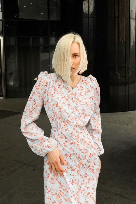 Платье - халат "Ирэн" голубое, цветочный принт