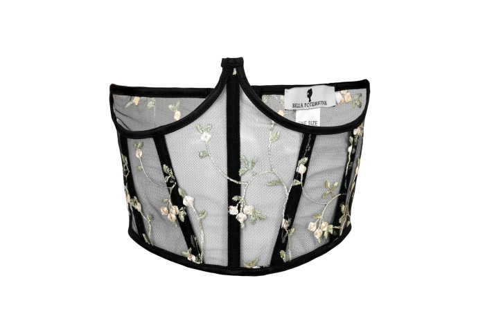 Корсет - пояс черный, кружево, с вышивкой "цветы", на завязках