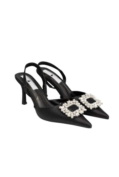 Туфли - Лодочки , Черные   Атласные с Брошью