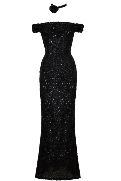 Платье "Оноре" макси, чёрное, пайетки + шлейф