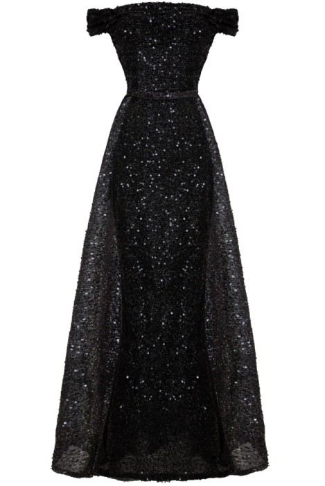 Платье "Оноре" макси, чёрное, пайетки + шлейф