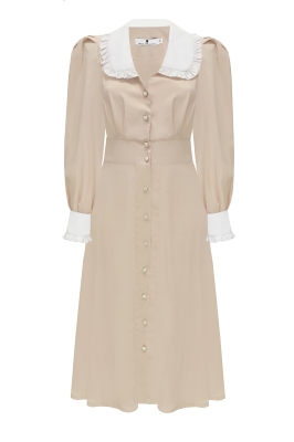Платье "Брайна" нюдовое, белый воротник и манжеты, миди