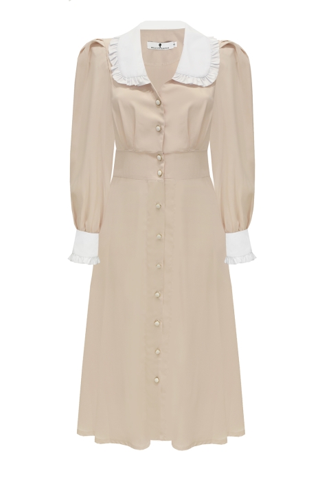 Платье "Брайна" нюдовое, белый воротник и манжеты, миди
