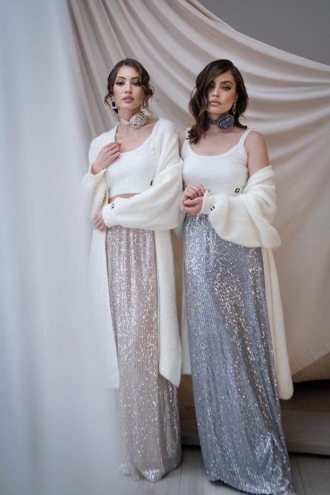 Комплект "Лари" молочный, пушистый, кардиган + топ