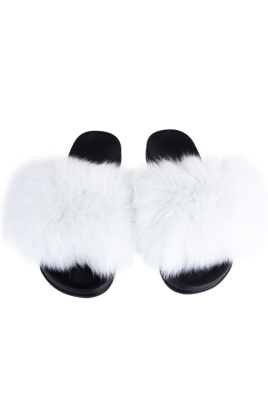 Сланцы - тапки (шлёпки) черные, белый мех
