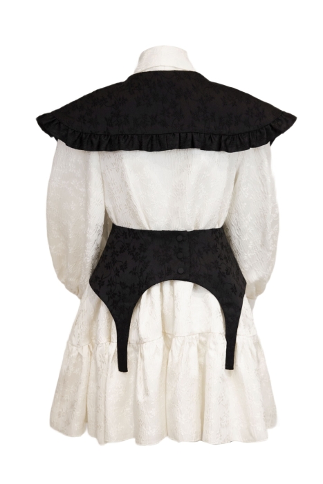 Платье "Габриэль" белое, жаккард, черный воротник и пояс - корсет