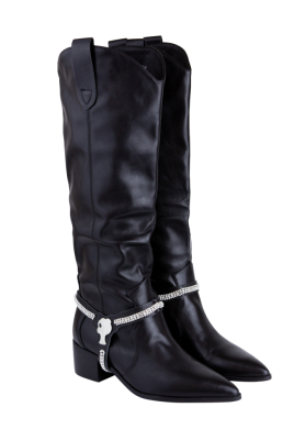 Сапоги "казаки" черные, с обвесом (портупея) и лого