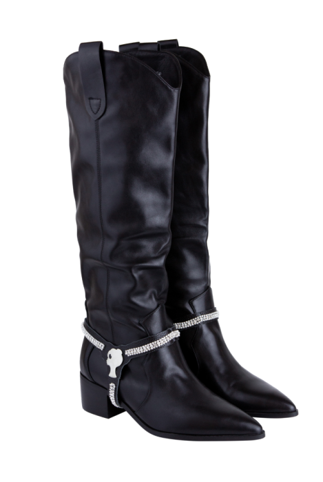 Сапоги "казаки" черные, с обвесом (портупея) и лого