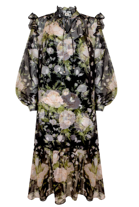 Платье "Миранда" черное, принт светлые цветы, шифон, макси, с комбинацией