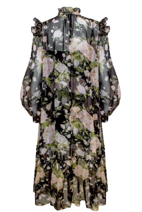 Платье "Миранда" черное, принт светлые цветы, шифон, макси, с комбинацией