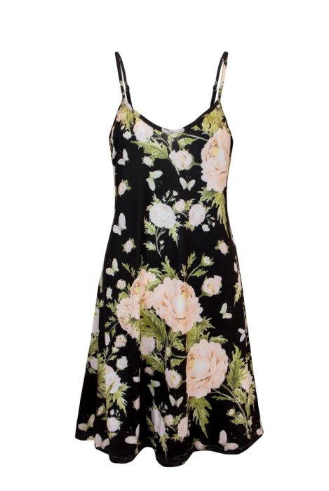 Платье "Миранда" черное, принт светлые цветы, шифон, макси, с комбинацией