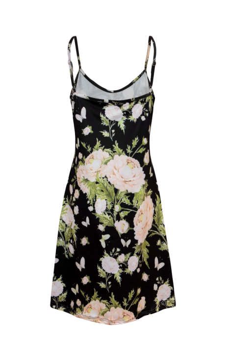 Платье "Миранда" черное, принт светлые цветы, шифон, макси, с комбинацией