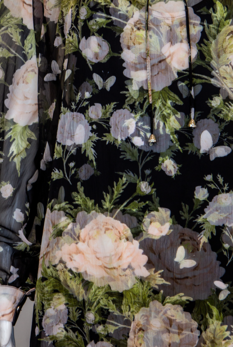 Платье "Миранда" черное, принт светлые цветы, шифон, макси, с комбинацией