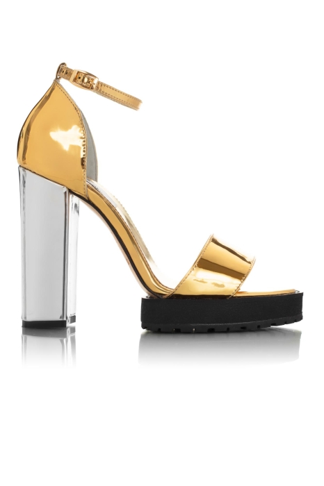 Босоножки "Аната" лак золотистые, каблук серебристый