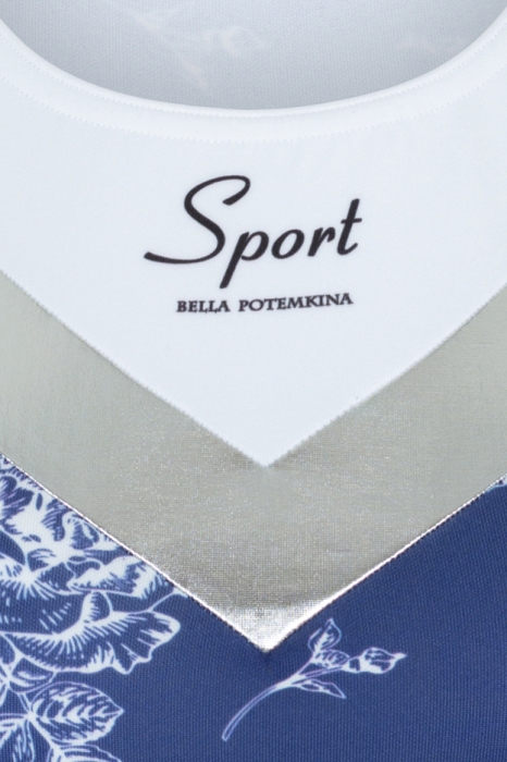 Топ "Фит" синий, молочный принт с серебром