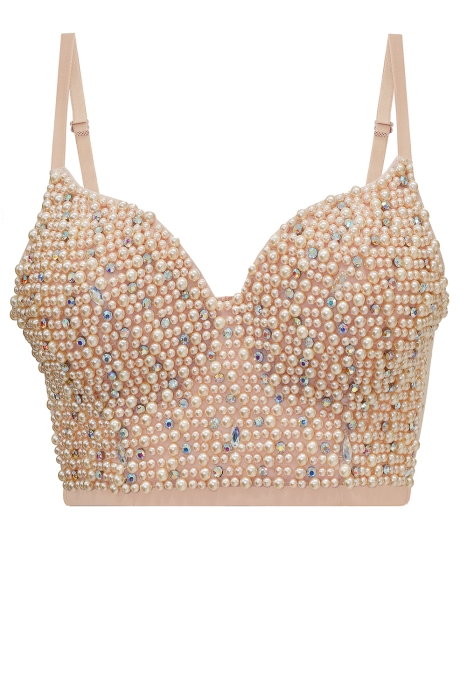 Топ - корсет "Жаннет" бежевый (нюдовый), с жемчугом и стразами