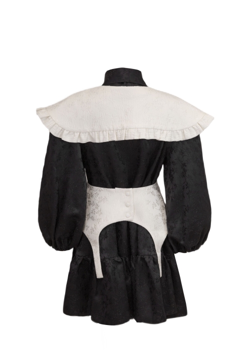 Платье "Габриэль" черное, жаккард, белый воротник и пояс - корсет