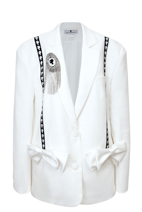Пиджак - жакет "Адажио" белый + Брошь "ЛОГО" со стразами