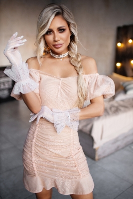 Платье "Лауретта" персиковое(нежно-розовое), мини, с кружевом