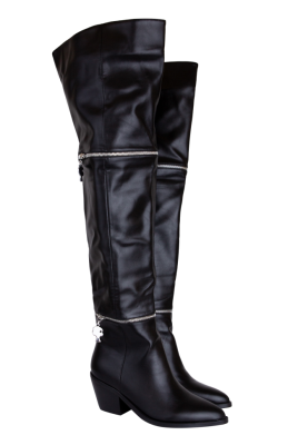Сапоги - ботфорты "казаки" черные, декорированы молнией с лого