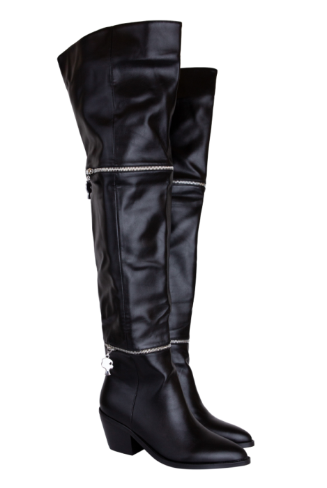 Сапоги - ботфорты "казаки" черные, декорированы молнией с лого