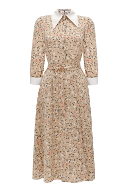 Платье "Райна" нюдовое,цветочный принт, белый воротник и манжеты