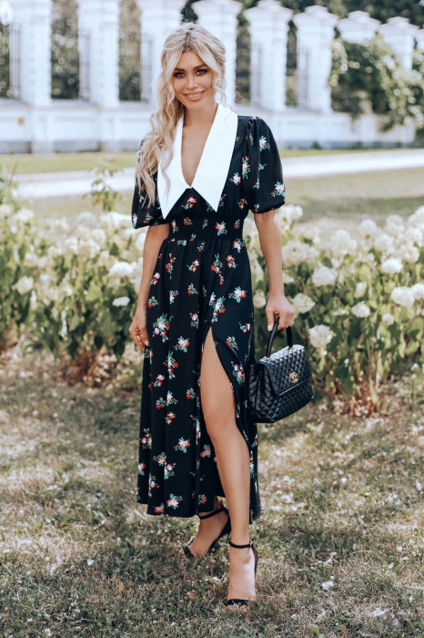 Платье "Эсми" черное, принт красно-розовые цветы