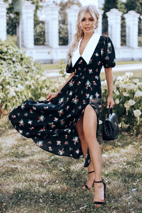 Платье "Эсми" черное, принт красно-розовые цветы