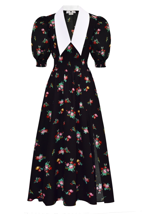 Платье "Эсми" черное, принт красно-розовые цветы