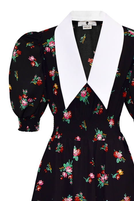 Платье "Эсми" черное, принт красно-розовые цветы