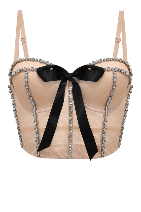 Топ - корсет "Бенита" бежевый, со стазами, декорирован бантиком