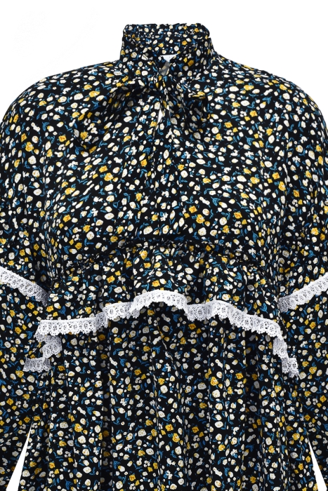 Платье "Виллетт" темно-синее, цветочный принт, с кружевом