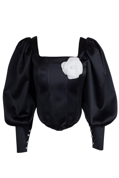 Топ - корсет "Трейс" черный, на завязках, манжеты рукава фонарики с пуговицами