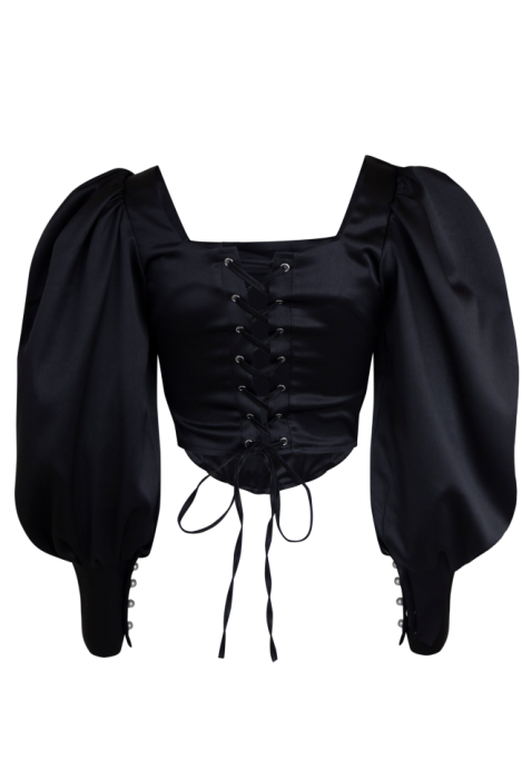 Топ - корсет "Трейс" черный, на завязках, манжеты рукава фонарики с пуговицами