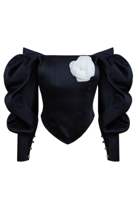 Топ - корсет "Трейс" черный, на завязках, манжеты рукава фонарики с пуговицами