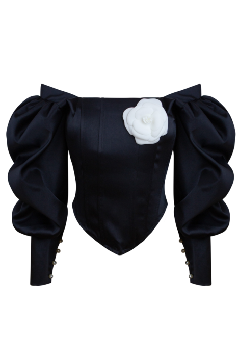 Топ - корсет "Трейс" черный, на завязках, манжеты рукава фонарики с пуговицами