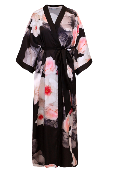 Халат черный, крупный принт цветы