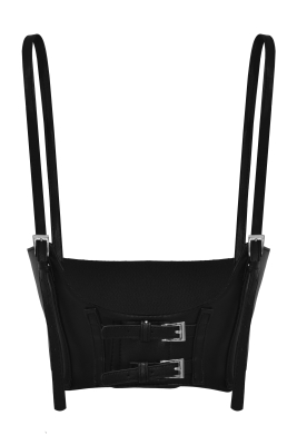 Пояс - корсет (ремень) черный, с резинкой и лямками, эко-кожа