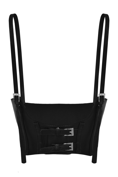 Пояс - корсет (ремень) черный, с резинкой и лямками, эко-кожа