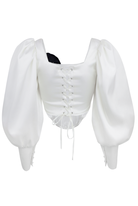 Топ - корсет "Трейс" молочный, на завязках, манжеты рукава фонарики с пуговицами