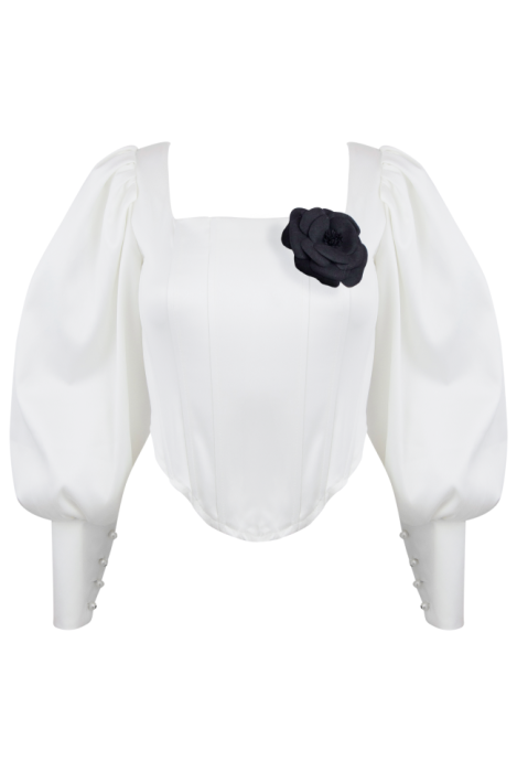 Топ - корсет "Трейс" молочный, на завязках, манжеты рукава фонарики с пуговицами