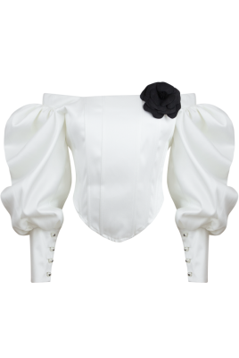 Топ - корсет "Трейс" молочный, на завязках, манжеты рукава фонарики с пуговицами