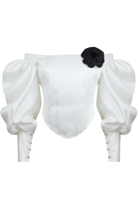 Топ - корсет "Трейс" молочный, на завязках, манжеты рукава фонарики с пуговицами