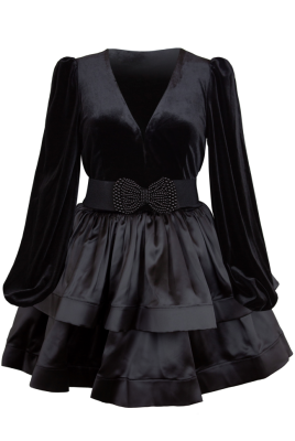Платье "Жузье", мини, чёрное, бархат, с атласом, ярусное, с валанами