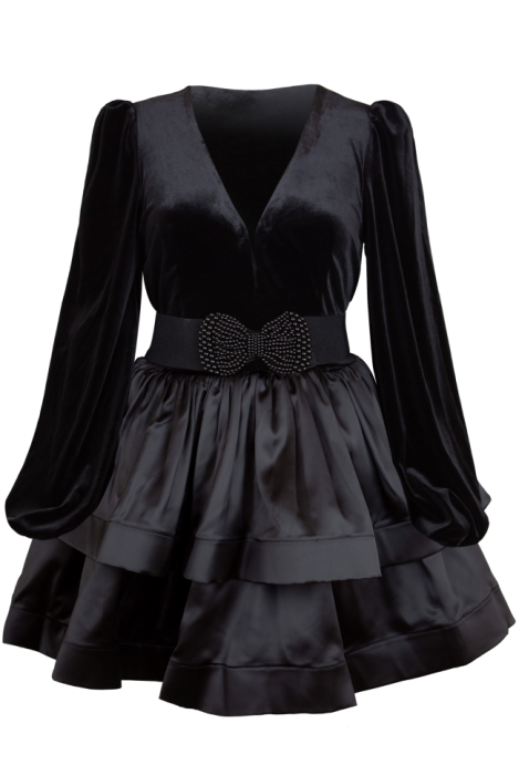 Платье "Жузье", мини, чёрное, бархат, с атласом, ярусное, с валанами