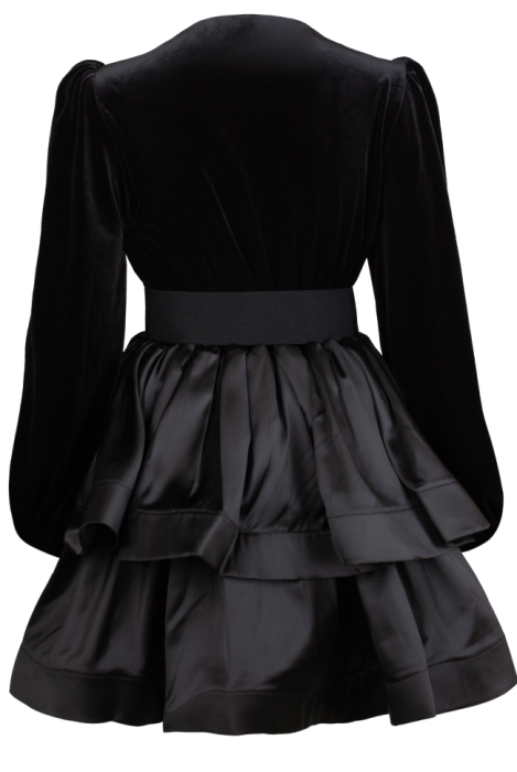 Платье "Жузье", мини, чёрное, бархат, с атласом, ярусное, с валанами