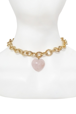 Чокер (колье), крупная золотистая цепь с сердцем из розового кварца